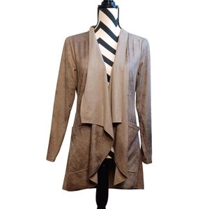 Halogen Boho Faux Leather Open Front Sz L Neutral Long Cardigan